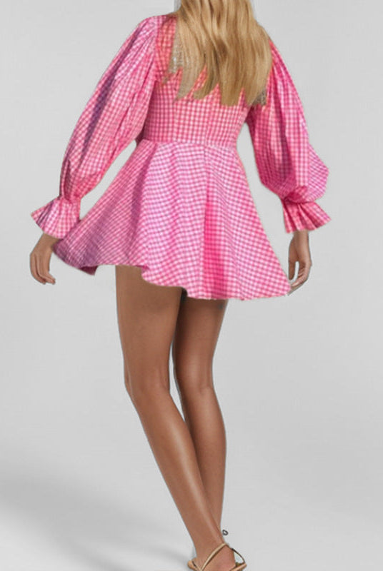 Women’s Mini Dress – Cotton – V-Neck – Gingham – Balloon Sleeves – Ruffle Trim by Lumina Vancouver