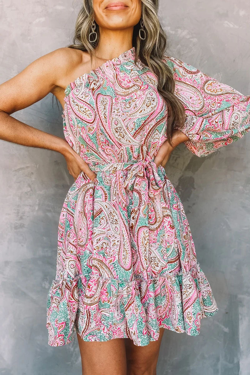 Women's One-Shoulder Mini Dress - Paisley Print - Belted Waist - Ruffled Hem by Lumina Vancouver