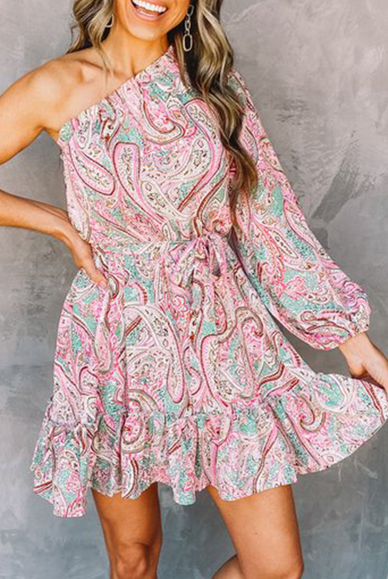 Women's One-Shoulder Mini Dress - Paisley Print - Belted Waist - Ruffled Hem by Lumina Vancouver