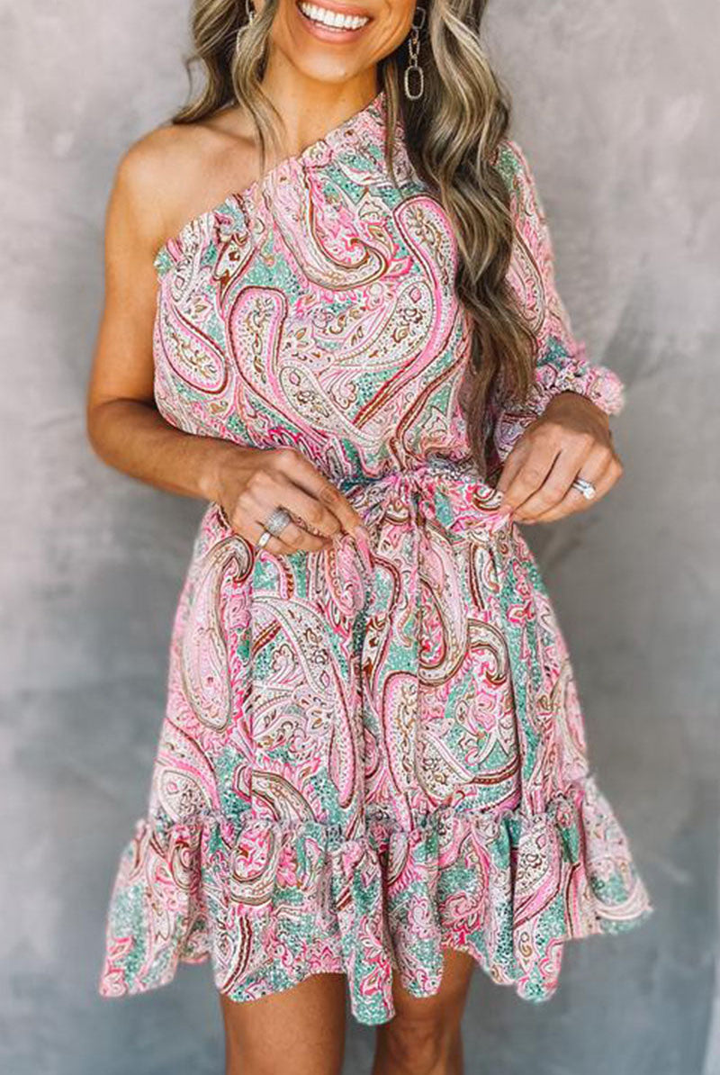 Women's One-Shoulder Mini Dress - Paisley Print - Belted Waist - Ruffled Hem by Lumina Vancouver