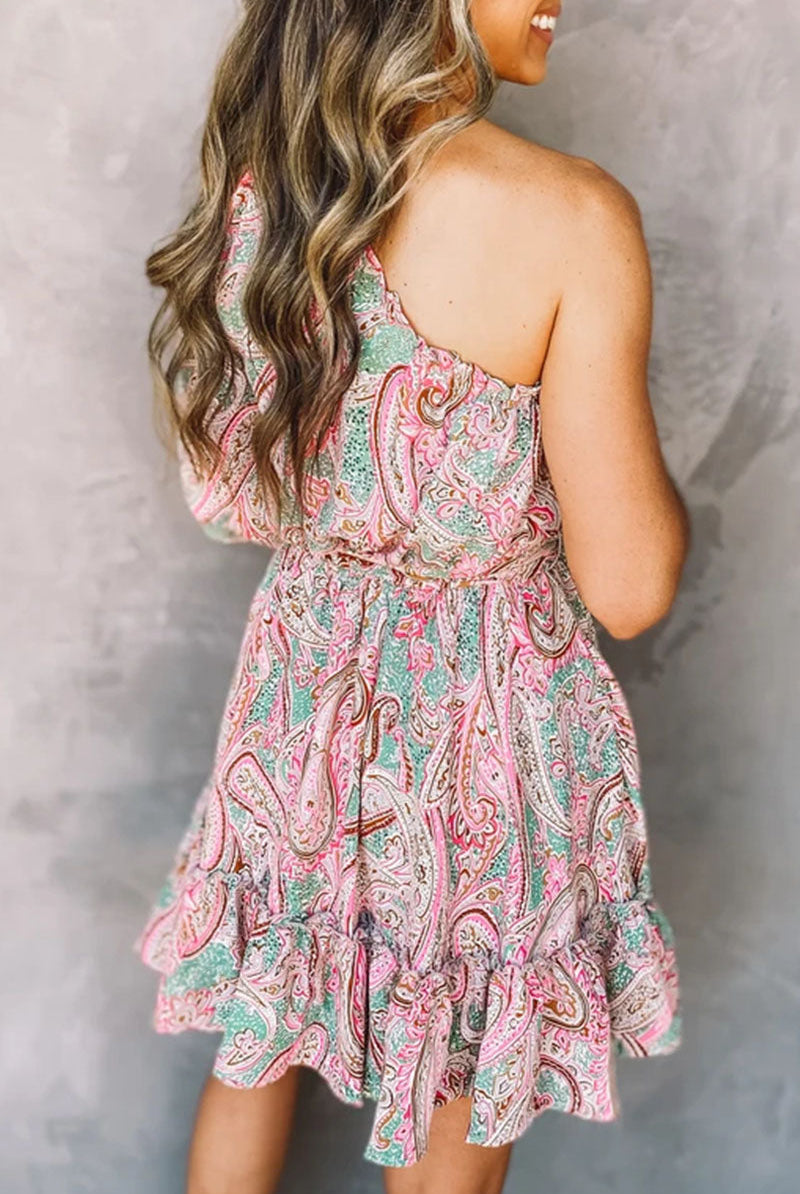 Women's One-Shoulder Mini Dress - Paisley Print - Belted Waist - Ruffled Hem by Lumina Vancouver