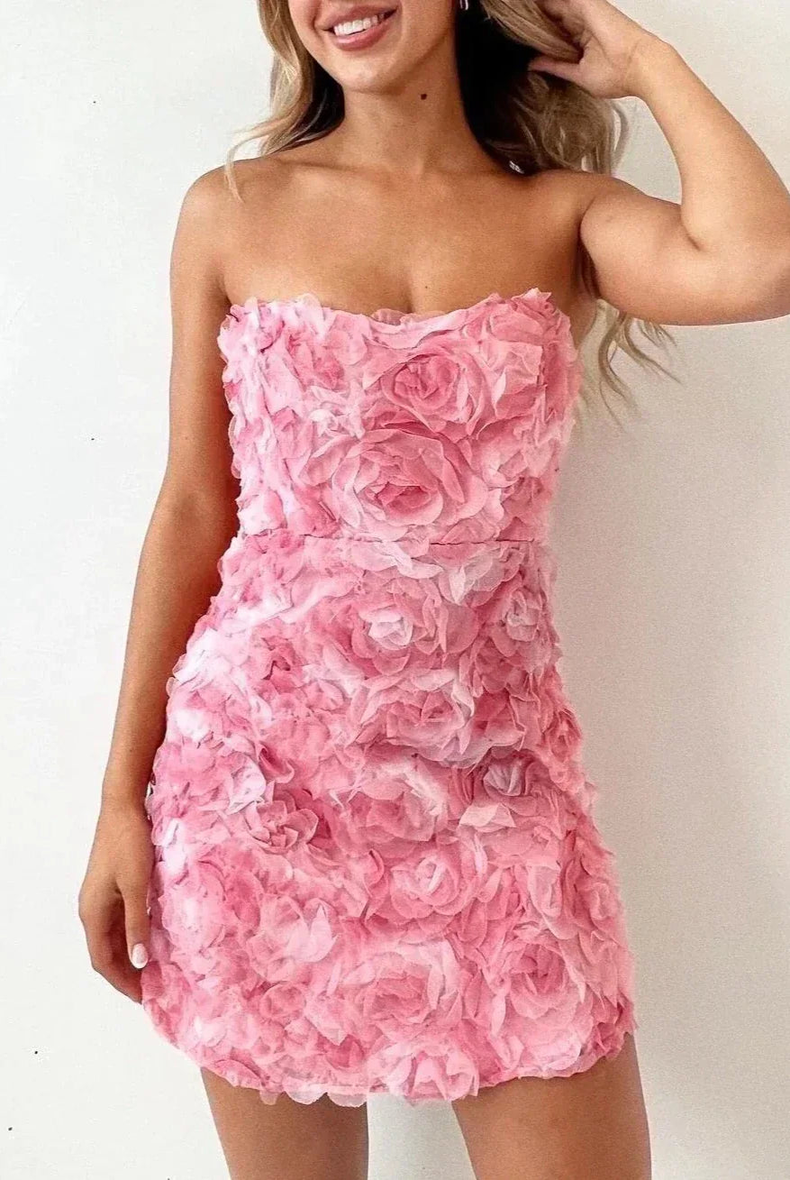 Women’s Strapless Mini Dress – Fitted Silhouette – 3D Floral Texture – Elegant Party Wear by Lumina Vancouver