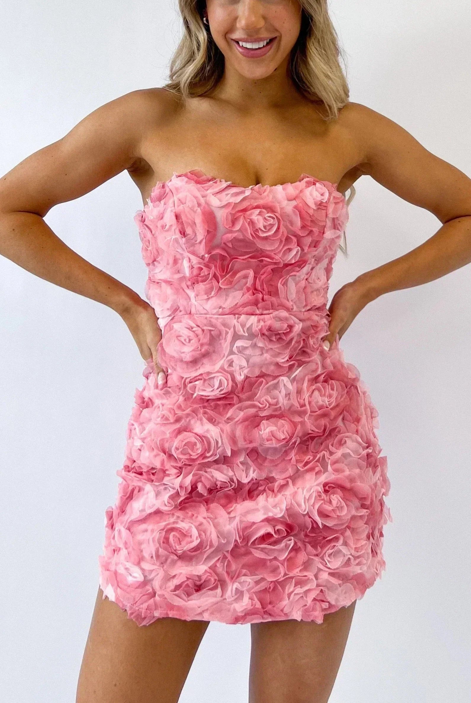 Women’s Strapless Mini Dress – Fitted Silhouette – 3D Floral Texture – Elegant Party Wear by Lumina Vancouver