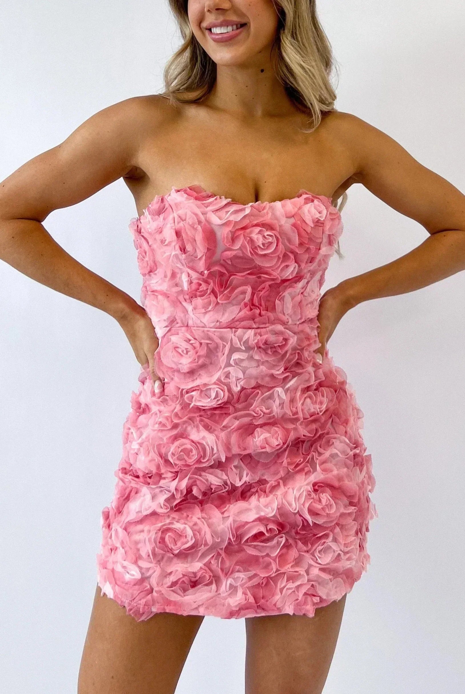 Women’s Strapless Mini Dress – Fitted Silhouette – 3D Floral Texture – Elegant Party Wear by Lumina Vancouver
