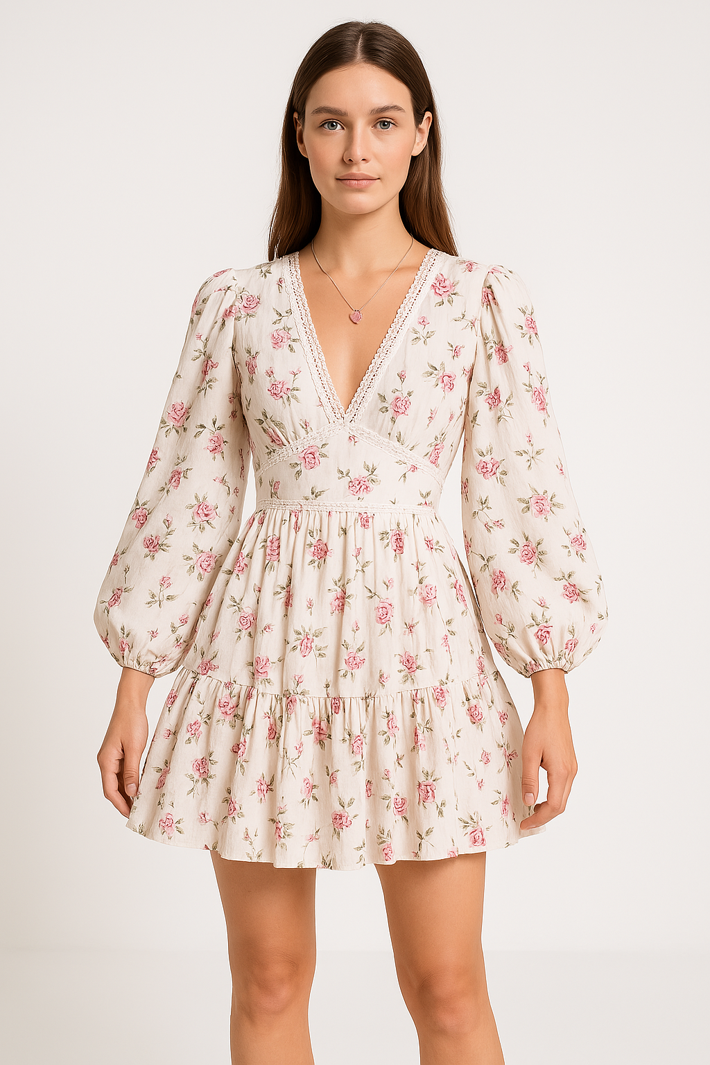 Women’s A-Line Dress – V-Neck Lace Trim – Puff Sleeve – Floral Print – Mini Length by Lumina Vancouver