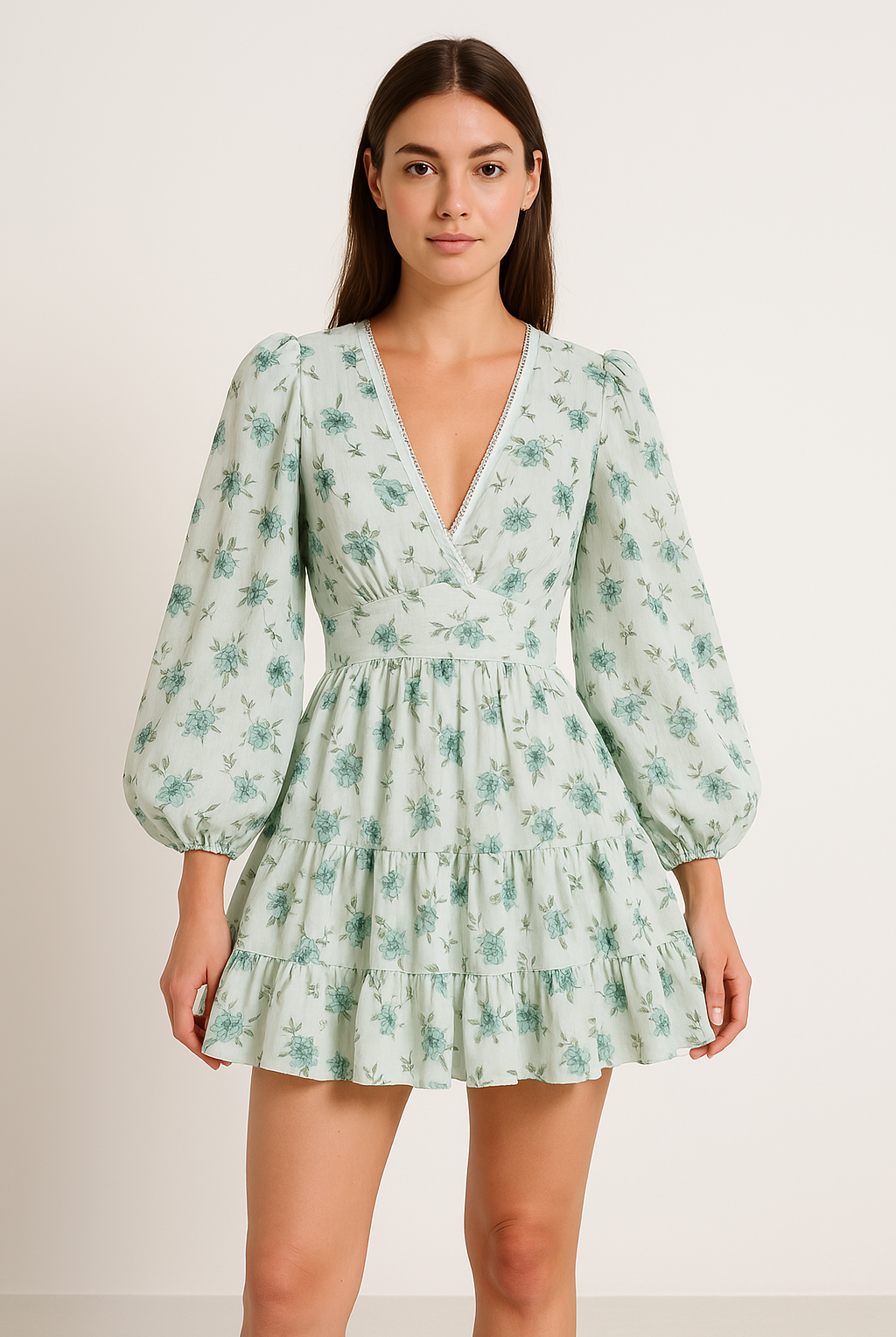 Women’s A-Line Dress – V-Neck Lace Trim – Puff Sleeve – Floral Print – Mini Length by Lumina Vancouver