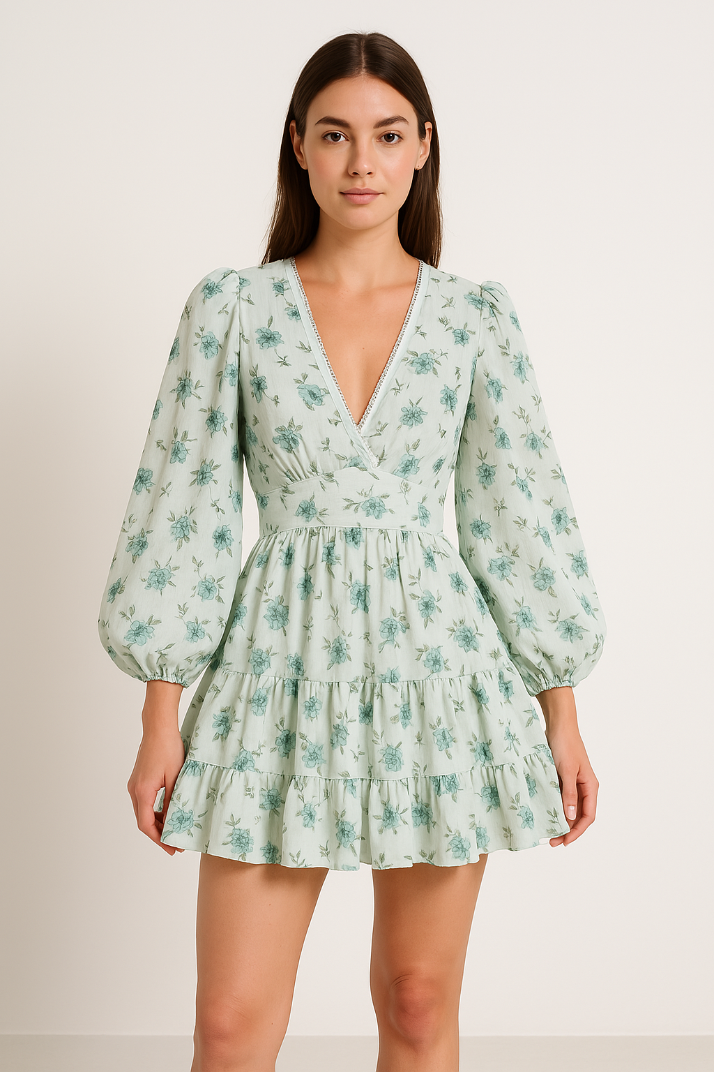 Women’s A-Line Dress – V-Neck Lace Trim – Puff Sleeve – Floral Print – Mini Length by Lumina Vancouver