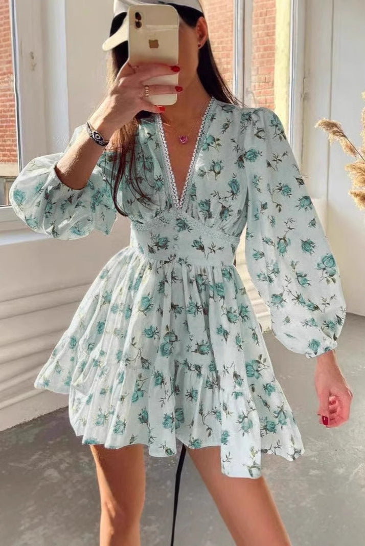 Women’s A-Line Dress – V-Neck Lace Trim – Puff Sleeve – Floral Print – Mini Length by Lumina Vancouver