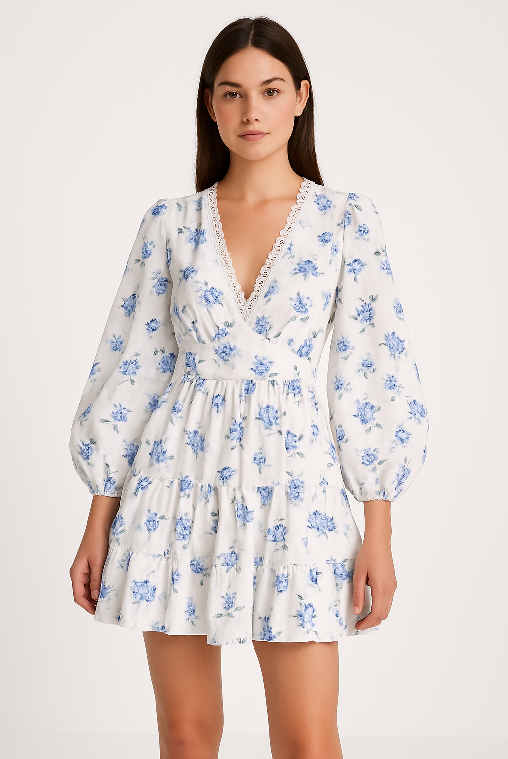 Women’s A-Line Dress – V-Neck Lace Trim – Puff Sleeve – Floral Print – Mini Length by Lumina Vancouver