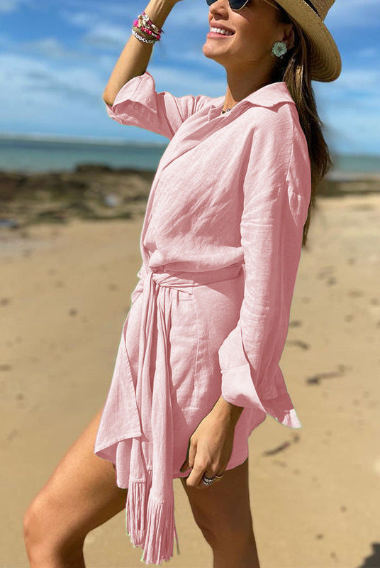 Women’s Wrap Dress – Cotton Linen Blend – Slim Fit – Mini Length – Collared V-Neck by Lumina Vancouver