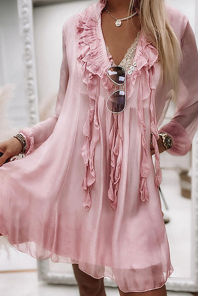 Women's Dress - Knee Length Flowy Fit - V-Neck Ruffle Lace Detail - Sheer Long Sleeve by Lumina Vancouver