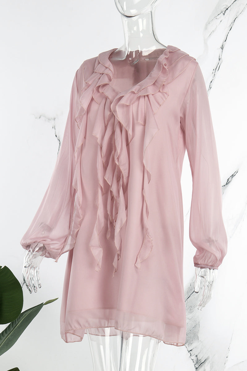 Women's Dress - Knee Length Flowy Fit - V-Neck Ruffle Lace Detail - Sheer Long Sleeve by Lumina Vancouver