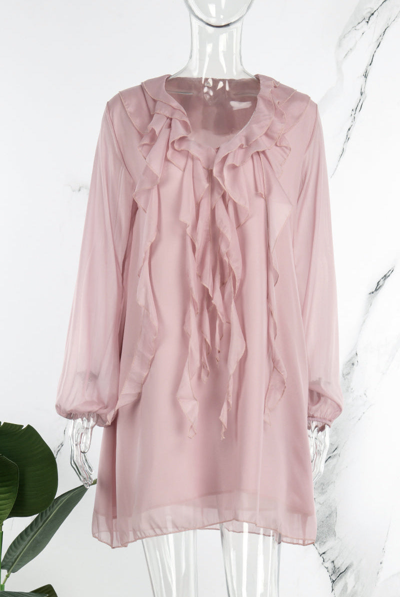 Women's Dress - Knee Length Flowy Fit - V-Neck Ruffle Lace Detail - Sheer Long Sleeve by Lumina Vancouver