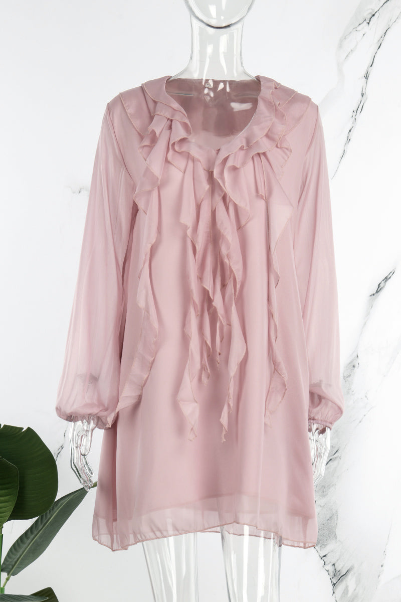 Women's Dress - Knee Length Flowy Fit - V-Neck Ruffle Lace Detail - Sheer Long Sleeve by Lumina Vancouver