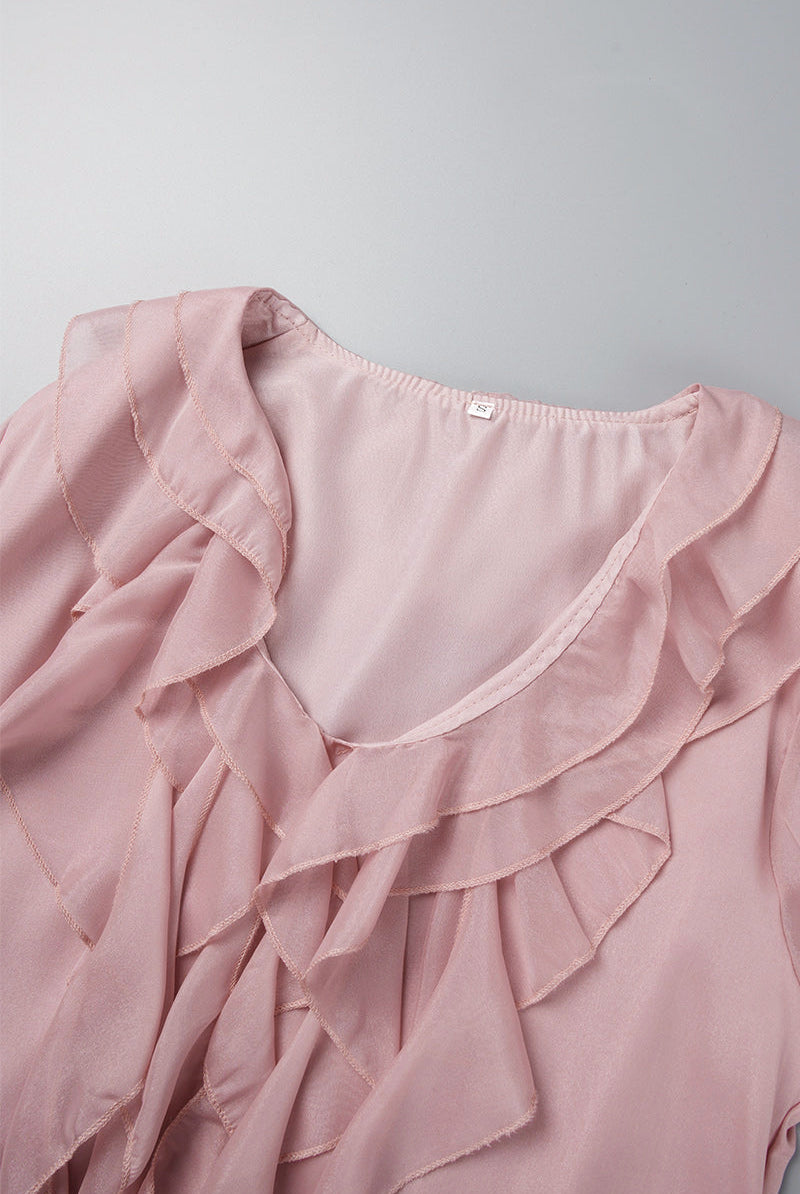 Women's Dress - Knee Length Flowy Fit - V-Neck Ruffle Lace Detail - Sheer Long Sleeve by Lumina Vancouver