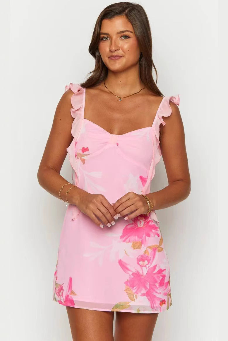 Women’s Mini Dress – Bodycon Fit – Ruffled Straps – Floral Print – Bow Neckline by Lumina Vancouver