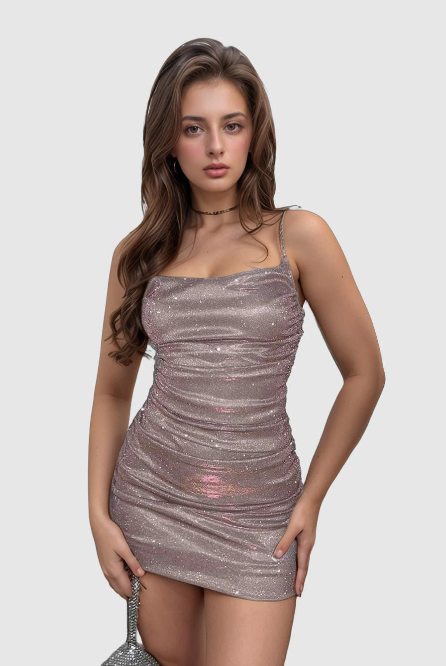 Women's Bodycon Mini Dress - Ruched Metallic Stretch - Thin Straps Partywear by Lumina Vancouver