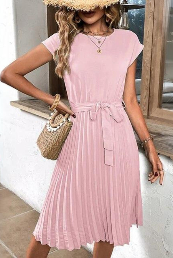 Women's Midi Dress - Short Sleeve - Round Neck - Waist Tie - Flowy Lightweight Fit by Lumina Vancouver