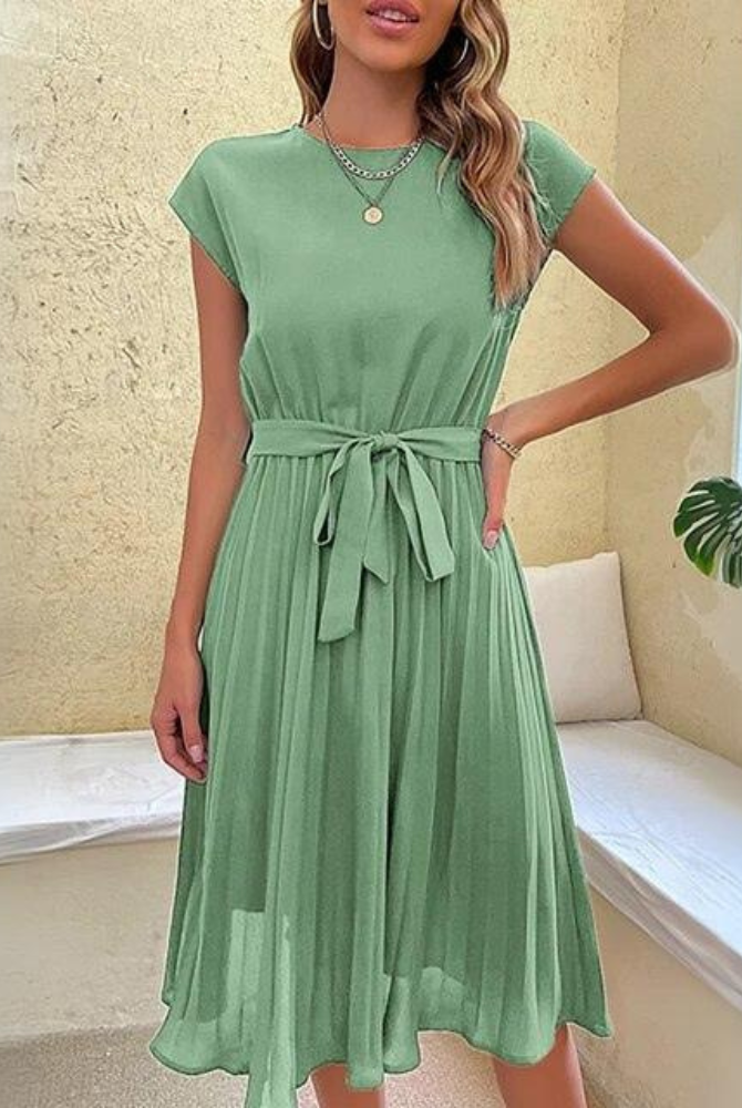 Women's Midi Dress - Short Sleeve - Round Neck - Waist Tie - Flowy Lightweight Fit by Lumina Vancouver