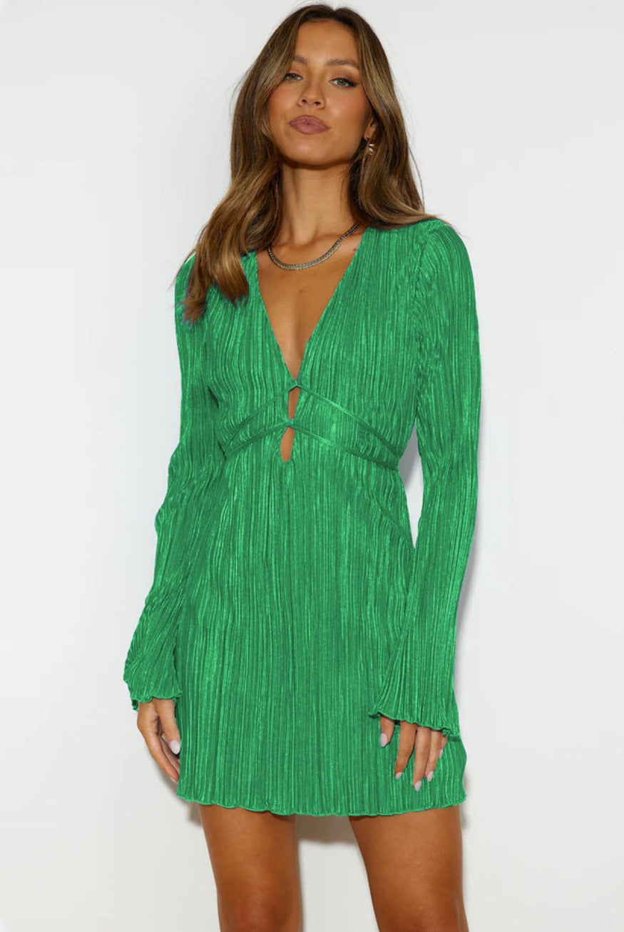 Women’s Bodycon Mini Dress – Deep V-Neck – Cut-Out Waist – Pleated Long Sleeve Fit by Lumina Vancouver
