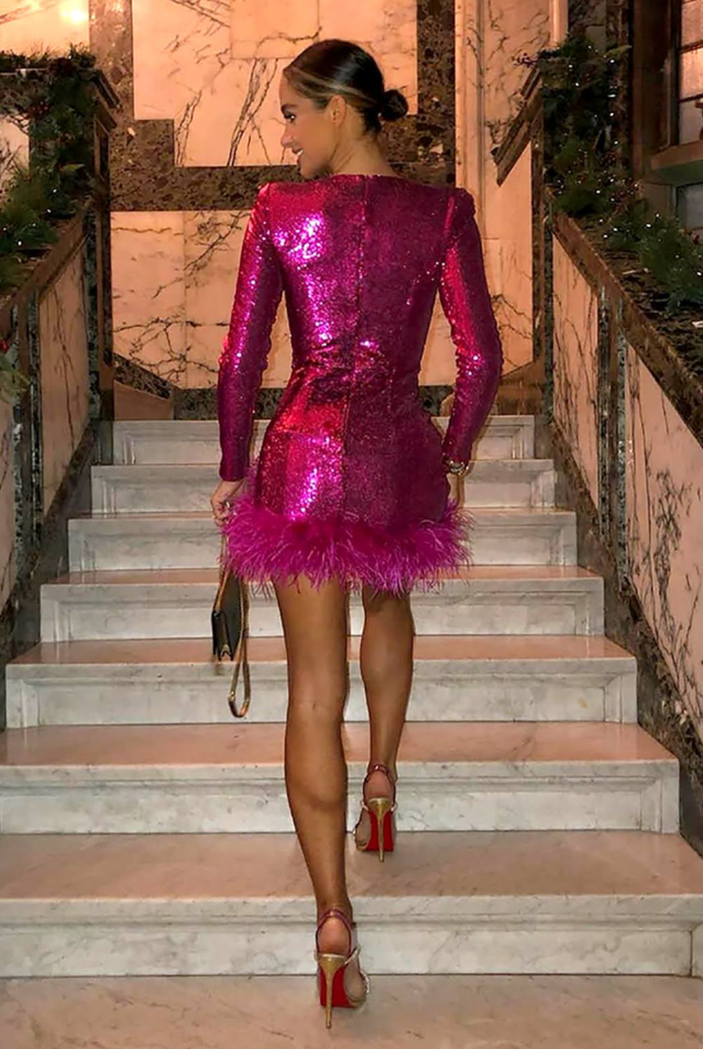 Women's Mini Dress - Sequin Embellished - Sweetheart Neckline - Feather Trim - Long Sleeve by Lumina Vancouver