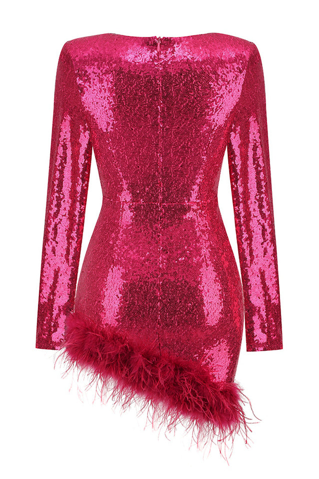 Women's Mini Dress - Sequin Embellished - Sweetheart Neckline - Feather Trim - Long Sleeve by Lumina Vancouver