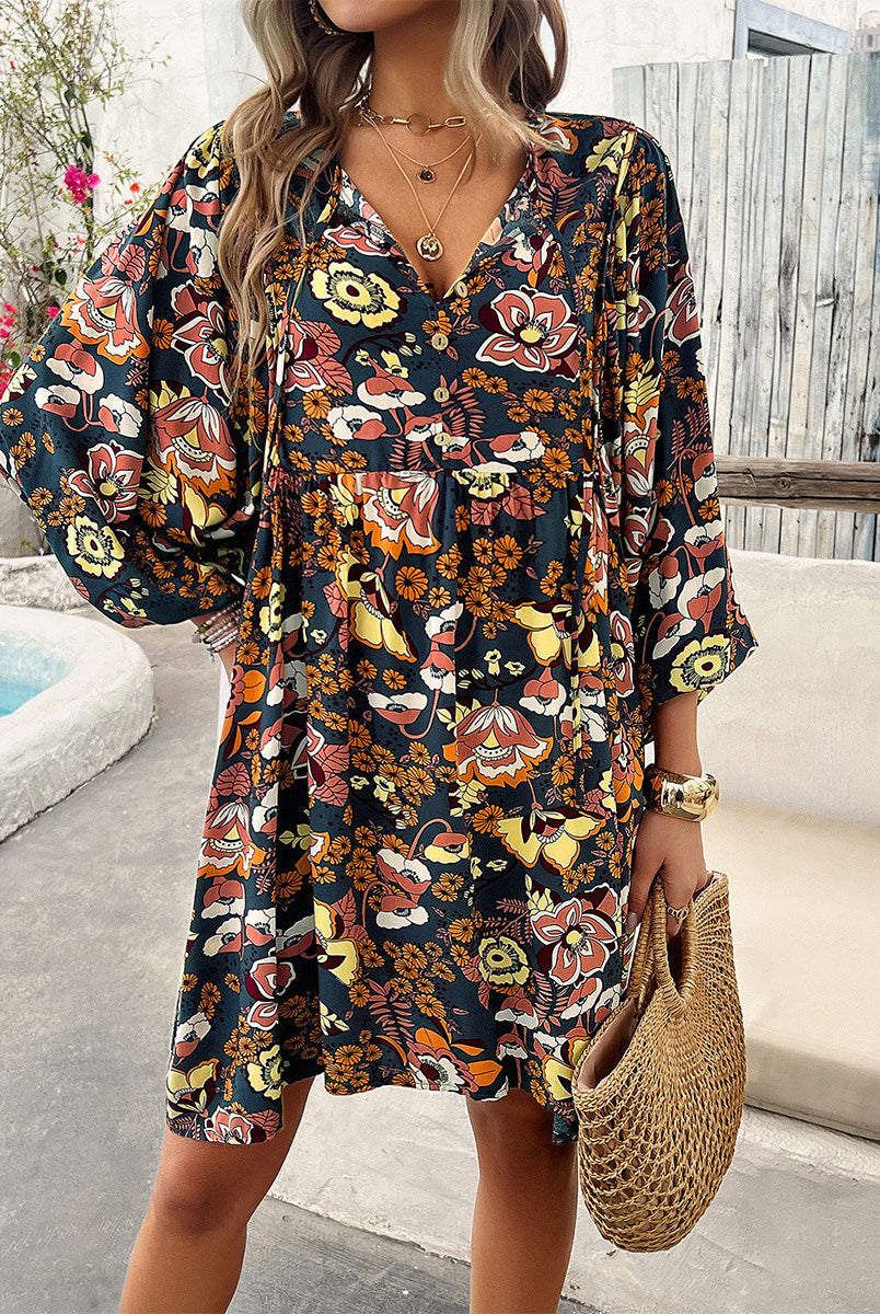 Women’s Short Dress – Lightweight Rayon – Relaxed Fit – V-Neck – Floral Print – Long Sleeve by Lumina Vancouver