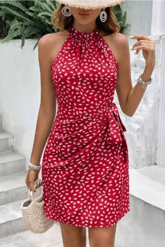 Women’s Short Dress – Slim Fit – Halter Neck – Wrap Style – Abstract Print – Zipper Back by Lumina Vancouver