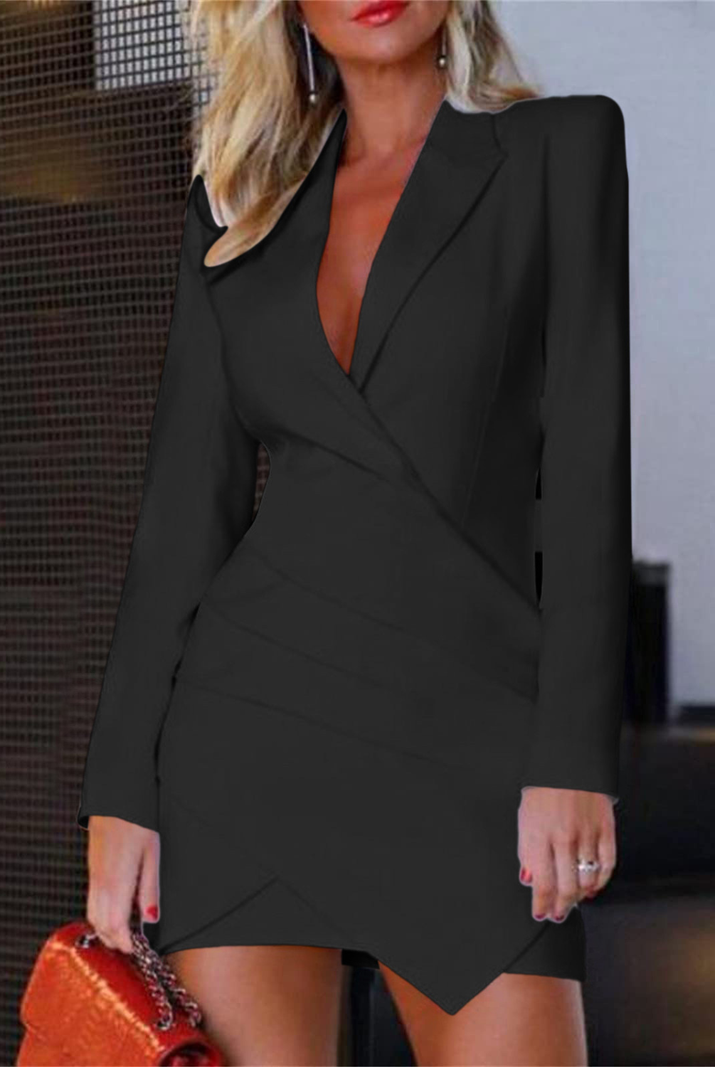 Women's Blazer Dress - Tailored Fit - Structured Shoulders - Deep V-Neck - Asymmetrical Hem by Lumina Vancouver