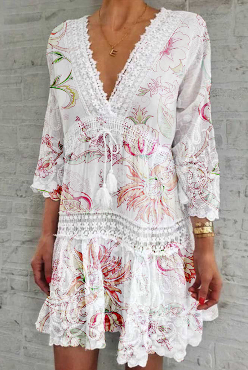 Women's Boho Dress - Deep V-Neck Crochet Lace - Bell Sleeve Flowy Tiered Hem by Lumina Vancouver