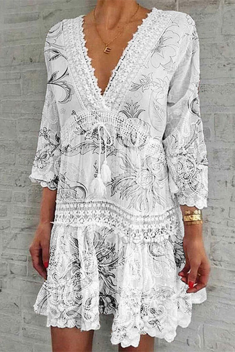 Women's Boho Dress - Deep V-Neck Crochet Lace - Bell Sleeve Flowy Tiered Hem by Lumina Vancouver