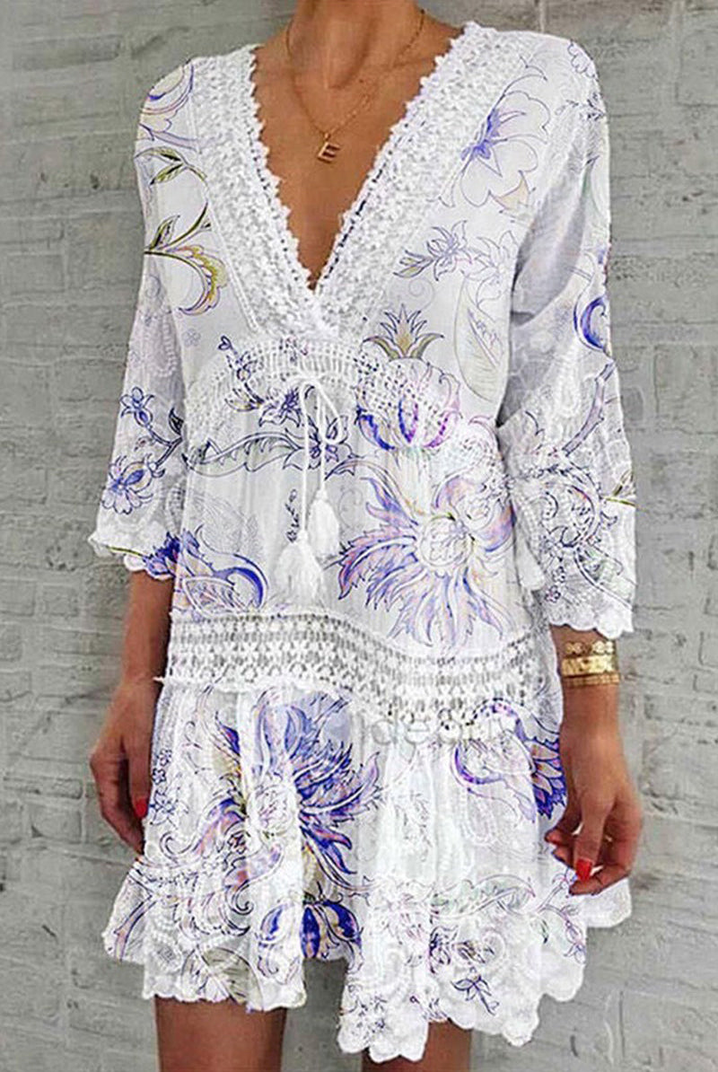 Women's Boho Dress - Deep V-Neck Crochet Lace - Bell Sleeve Flowy Tiered Hem by Lumina Vancouver