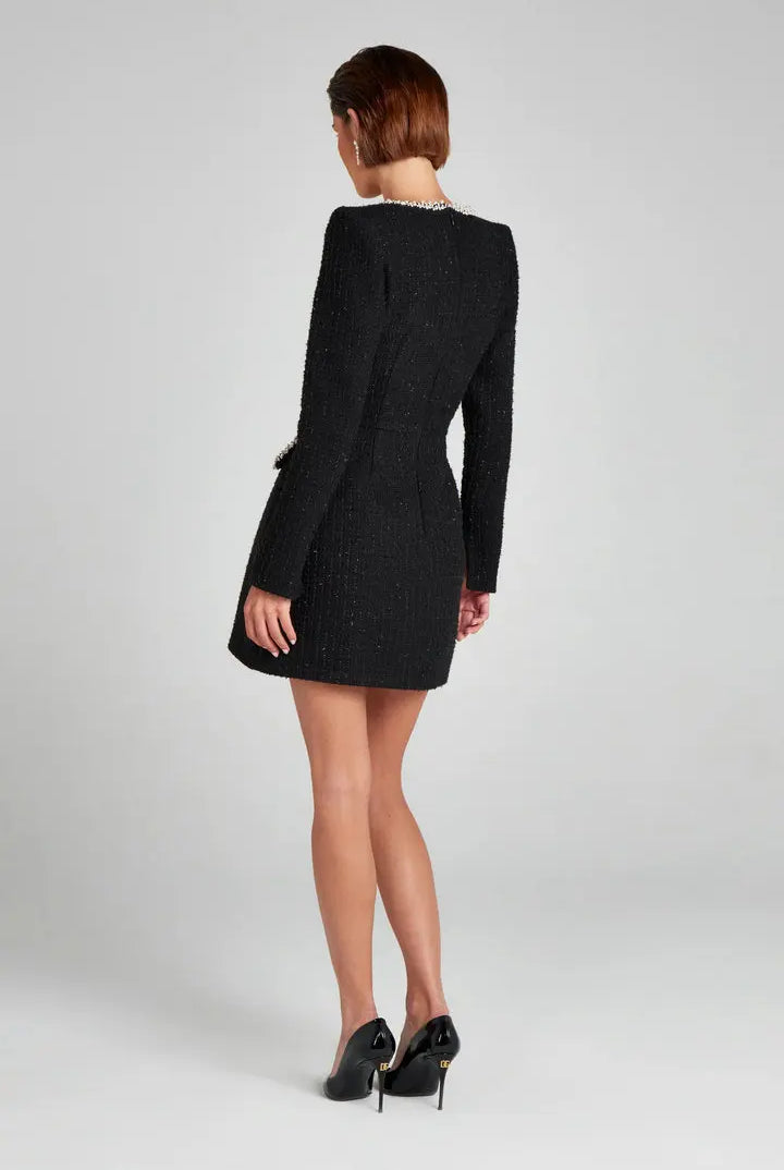 Women’s Mini Dress – Tweed Tailored Fit – Pearl Trim – Square Neck – Long Sleeve by Lumina Vancouver