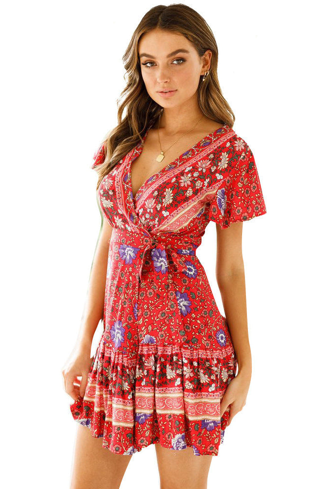 Women's Wrap Dress - Floral Print - Short Sleeve - Adjustable Waist - Mini Length by Lumina Vancouver