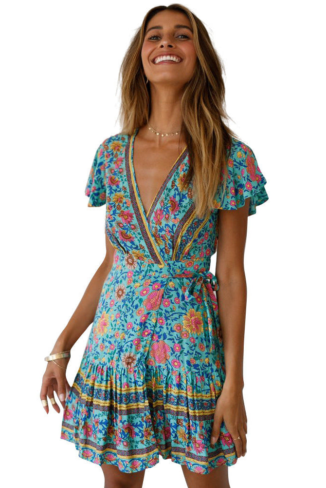 Women's Wrap Dress - Floral Print - Short Sleeve - Adjustable Waist - Mini Length by Lumina Vancouver