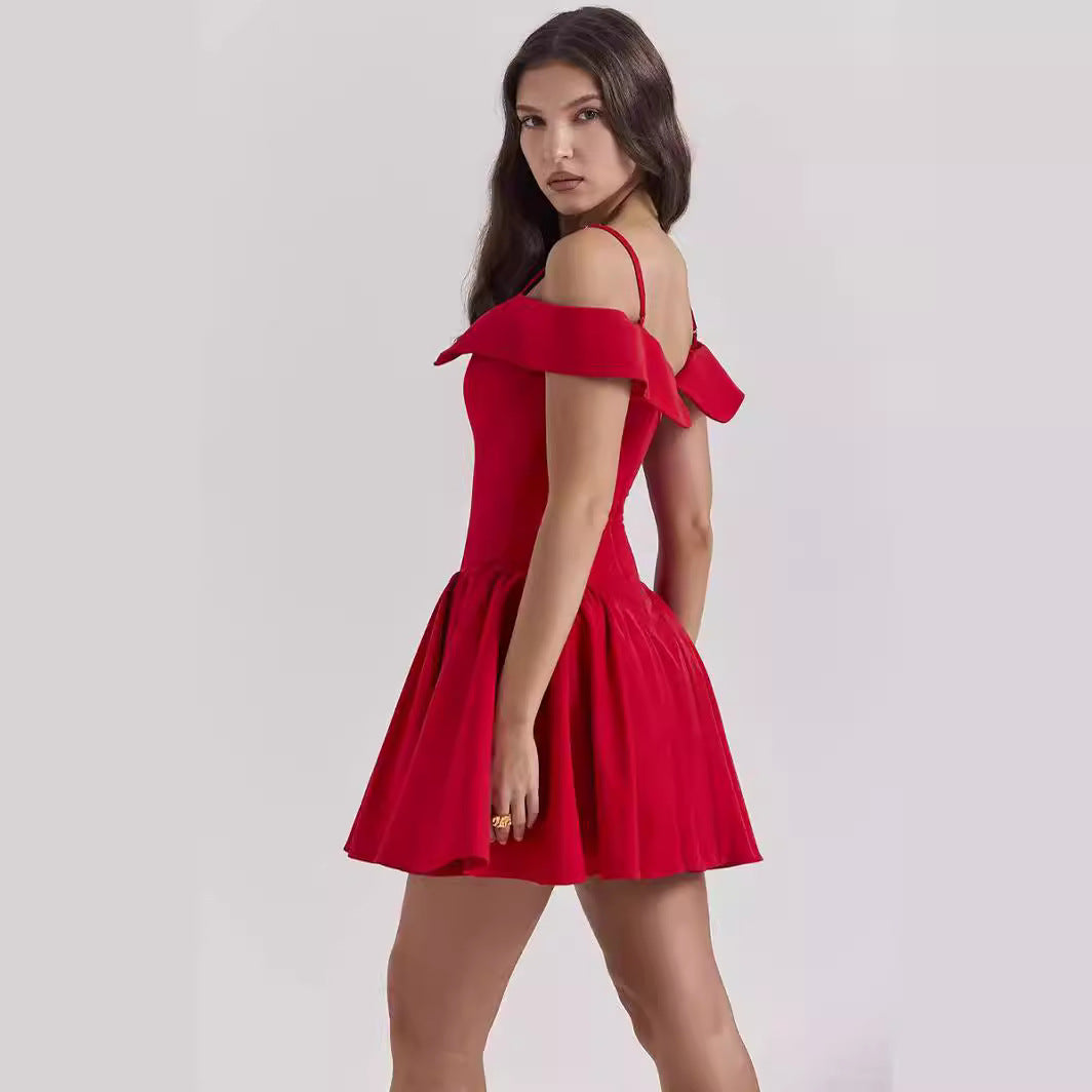 Women’s Fit and Flare Dress – V-Neck – Off-Shoulder Ruffle – Pleated Skirt – Cinched Waist by Lumina Vancouver