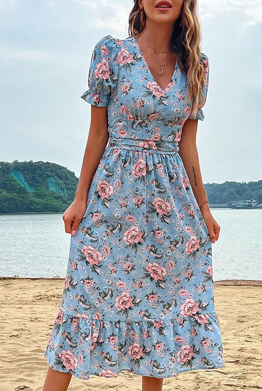Women's Midi Dress - Floral Print - V-Neck - Puff Sleeves - Fitted Waist - Ruffle Hem by Lumina Vancouver