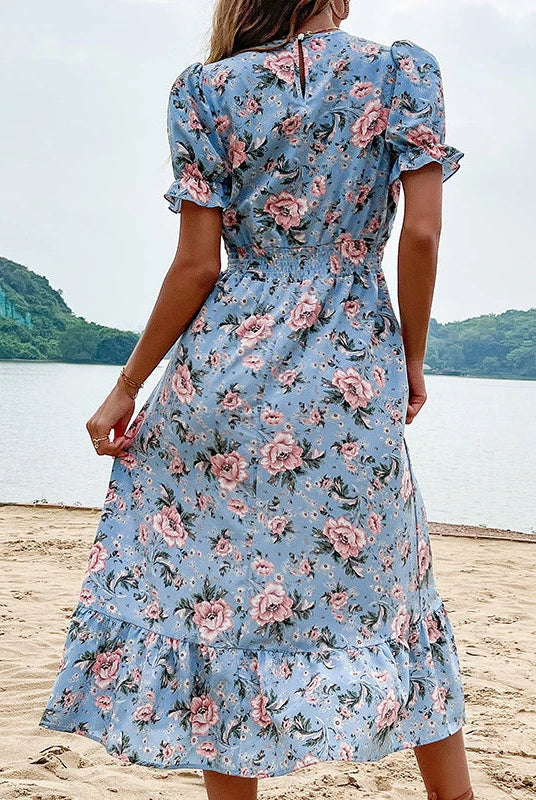 Women's Midi Dress - Floral Print - V-Neck - Puff Sleeves - Fitted Waist - Ruffle Hem by Lumina Vancouver