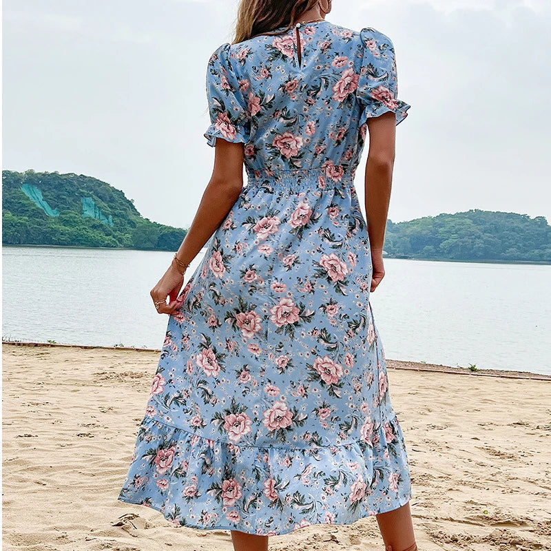 Women's Midi Dress - Floral Print - V-Neck - Puff Sleeves - Fitted Waist - Ruffle Hem by Lumina Vancouver