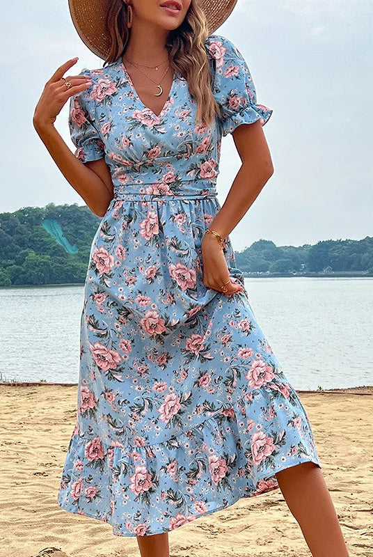Women's Midi Dress - Floral Print - V-Neck - Puff Sleeves - Fitted Waist - Ruffle Hem by Lumina Vancouver