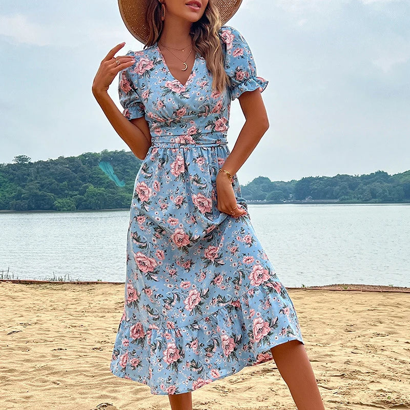 Women's Midi Dress - Floral Print - V-Neck - Puff Sleeves - Fitted Waist - Ruffle Hem by Lumina Vancouver
