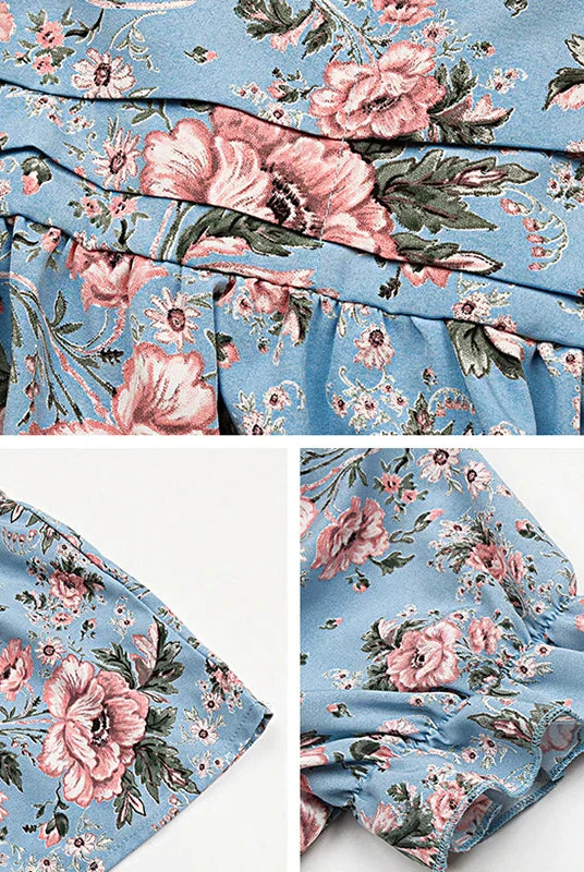 Women's Midi Dress - Floral Print - V-Neck - Puff Sleeves - Fitted Waist - Ruffle Hem by Lumina Vancouver