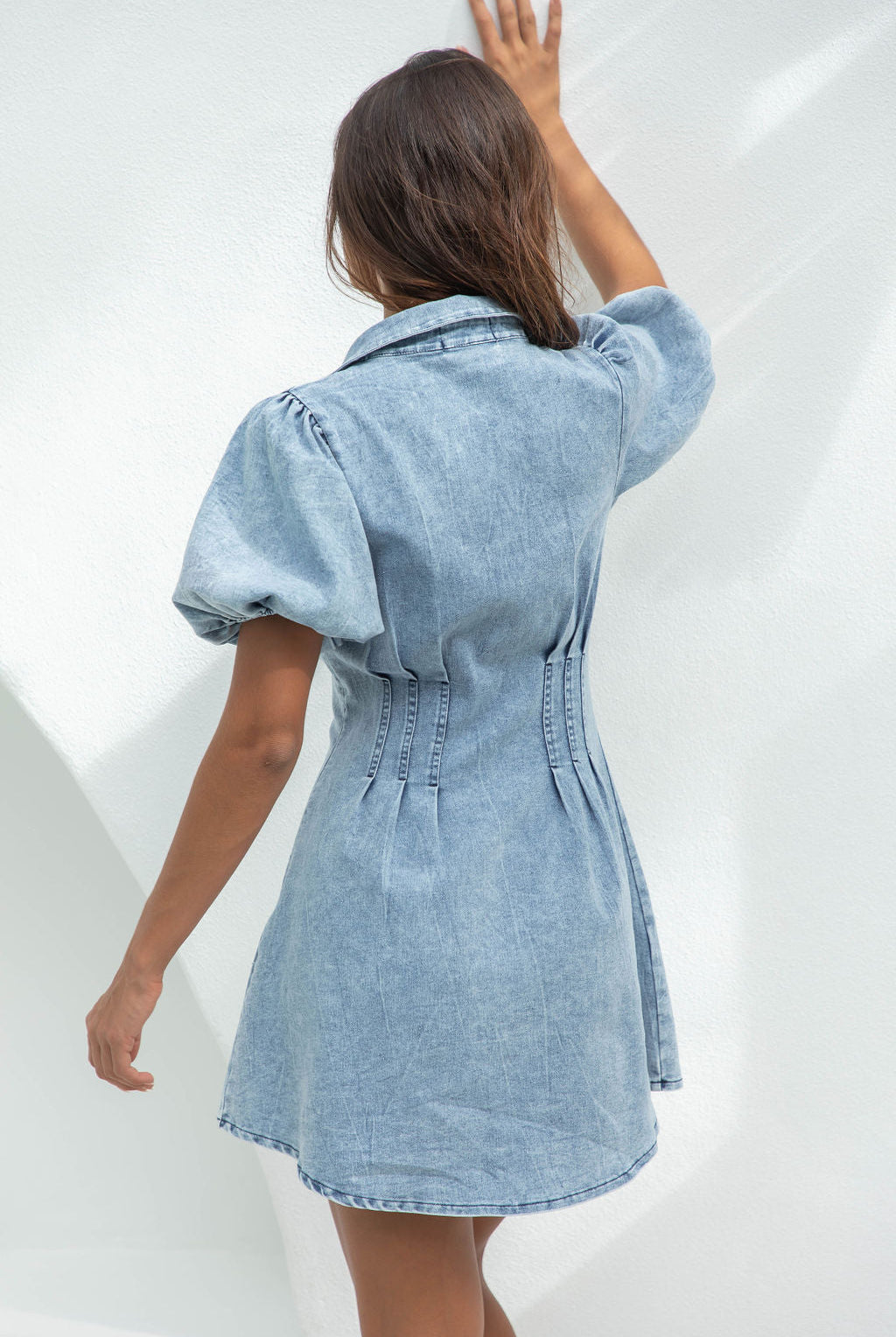 Women's Denim Mini Dress - Button Down - Puff Sleeve - A-Line Fit - Shirt Collar by Lumina Vancouver