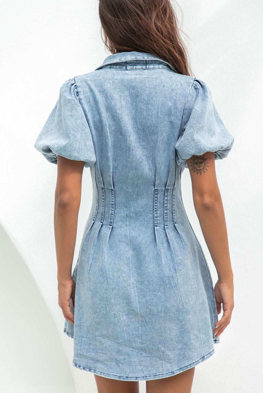 Women's Denim Mini Dress - Button Down - Puff Sleeve - A-Line Fit - Shirt Collar by Lumina Vancouver