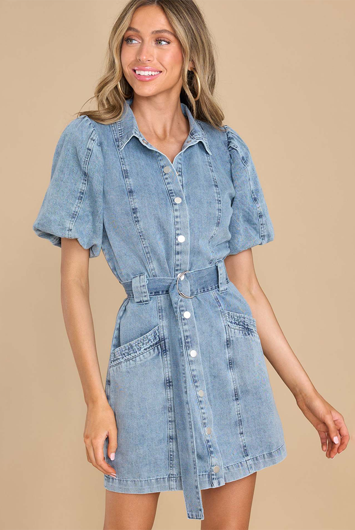 Women's Denim Shirt Dress - Short Puff Sleeves - Button-Down - Belted Waist - Mini Length - Front Pockets by Lumina Vancouver