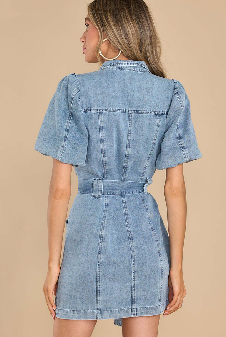Women's Denim Shirt Dress - Short Puff Sleeves - Button-Down - Belted Waist - Mini Length - Front Pockets by Lumina Vancouver