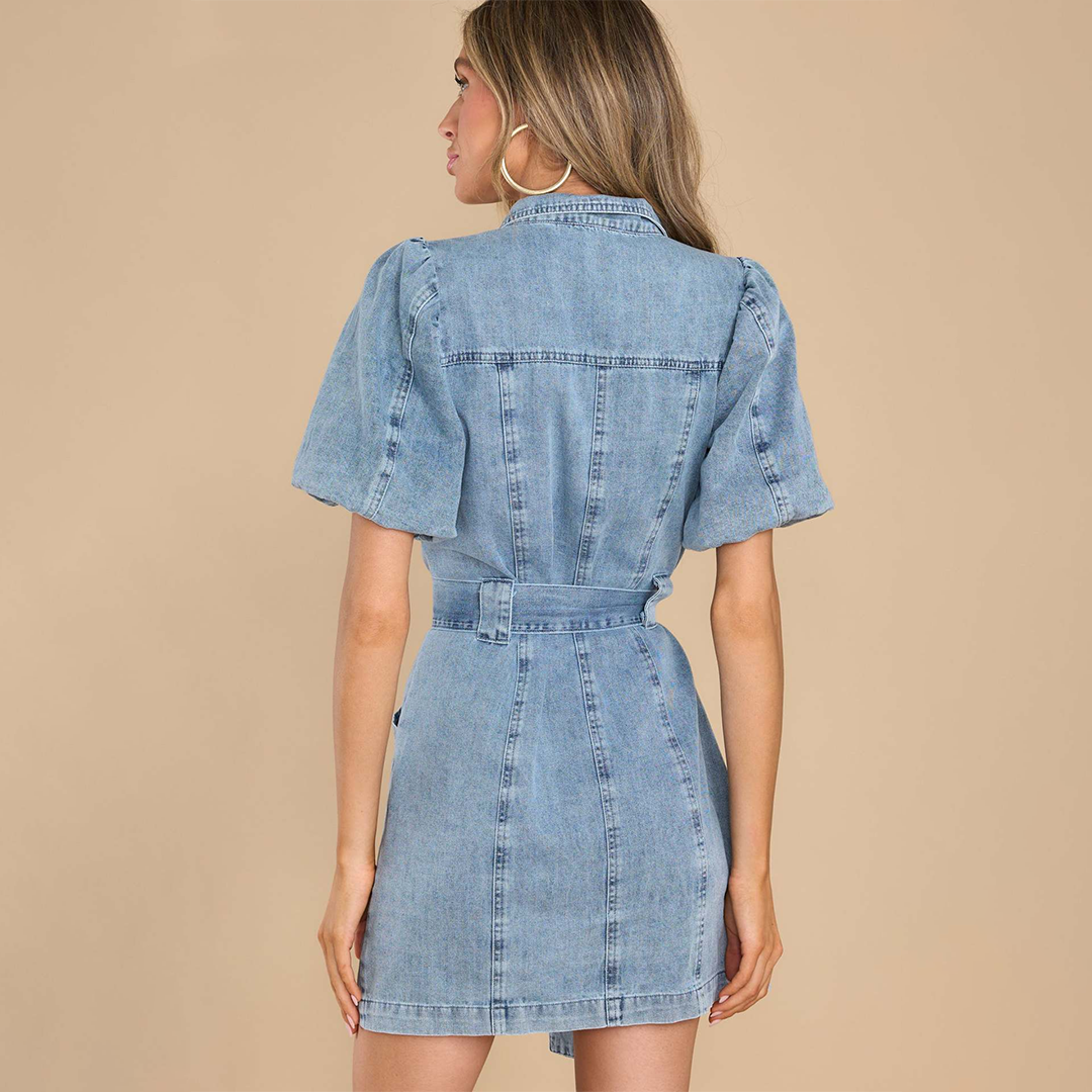 Women's Denim Shirt Dress - Short Puff Sleeves - Button-Down - Belted Waist - Mini Length - Front Pockets by Lumina Vancouver