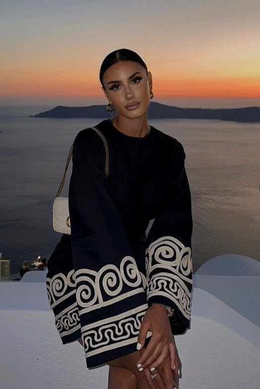 Women's Dress - Loose Fit - Long Flared Sleeves - Geometric Pattern Elegant Style by Lumina Vancouver