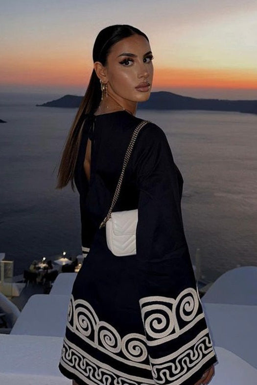 Women's Dress - Loose Fit - Long Flared Sleeves - Geometric Pattern Elegant Style by Lumina Vancouver