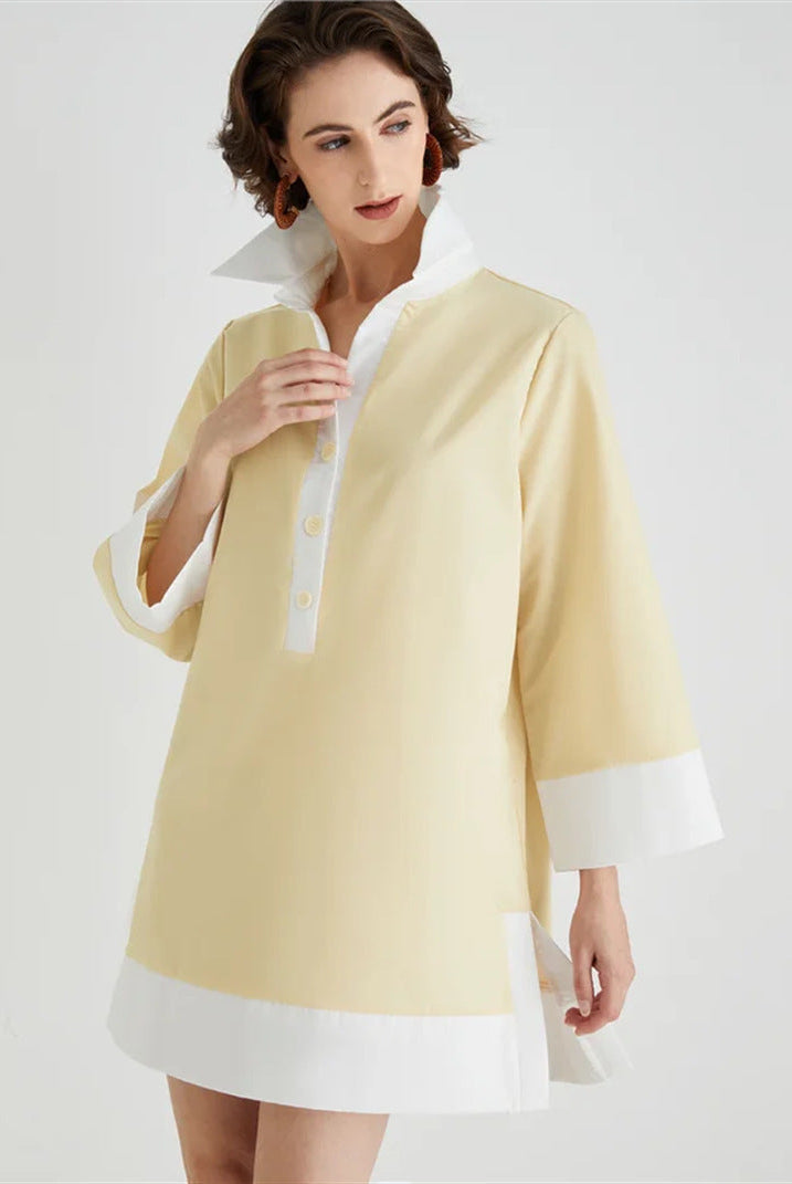 Women's Tunic Dress - Relaxed Fit - High Collar - 3/4 Sleeve - Button Front by Lumina Vancouver